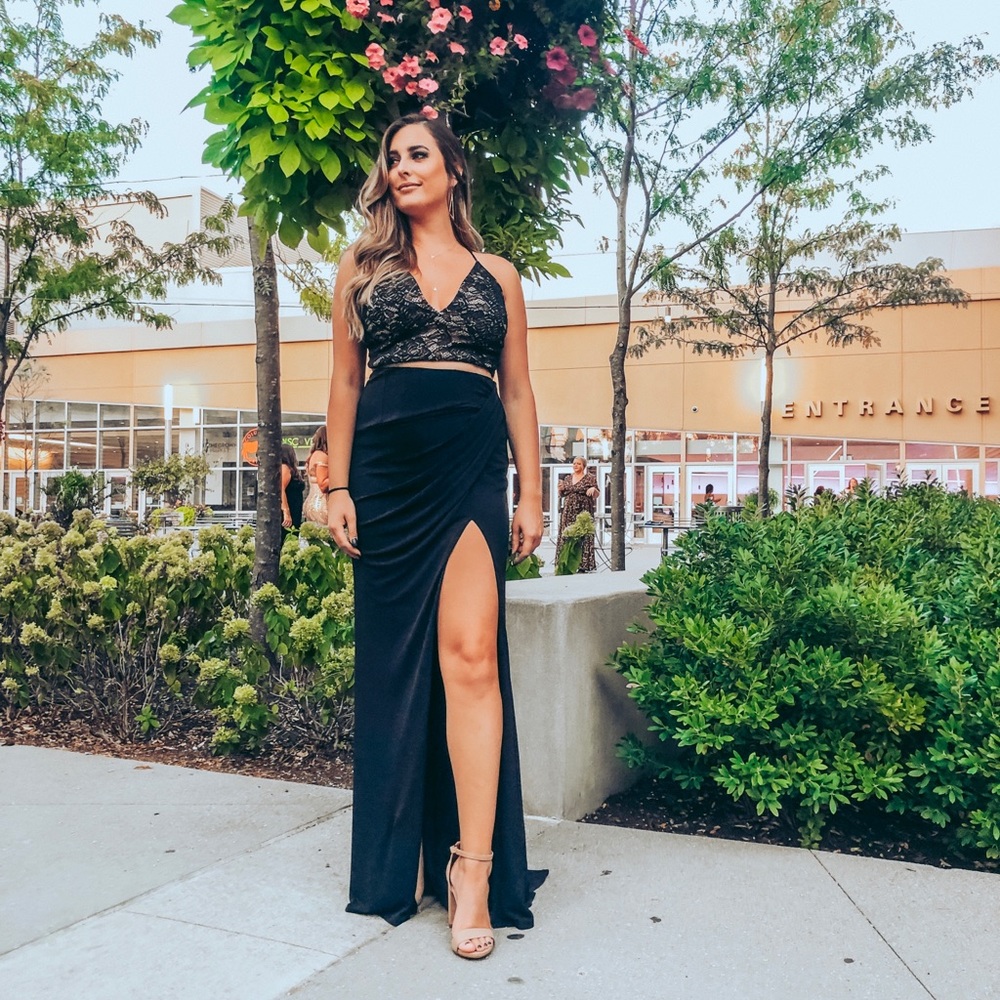 Black 2 piece set— long black skirt w/ slit & black lace top - Picture 1 of 6